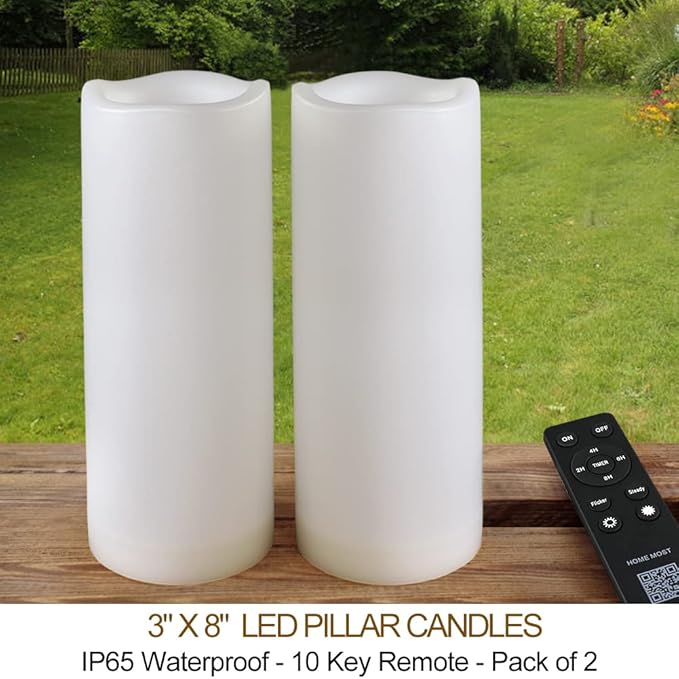 Pack of 2 White LED Candles Outdoor 3x8 - Unscented IP65 Waterproof Battery Powered Flameless Pillar With Remote and Timer - Flickering