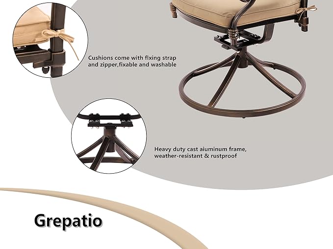 Grepatio 7 Piece Patio Dining Set Outdoor Dining Set Cast Aluminum Furniture Set with 4 Patio Chairs&2 Swivel Chairs and Dining Table for Backyard Garden Deck Poolside (Grid Khaki)