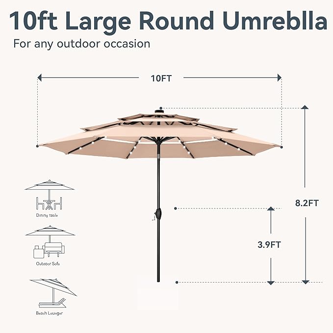 GREEN PARTY 10ft Patio Umbrella with Solar Lights, Auto-Tilt Lighted Market Table Umbrellas with Crank, 8 Sturdy Ribs & 1.5" Pole outdoor umbrellas for Patio Garden Deck Backyard Pool, Beige