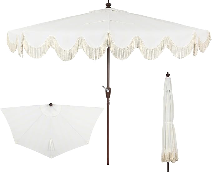 JONATHAN Y Beverly 9 ft. Coastal Cream and White Striped Half Patio Umbrella with Scalloped Fringe, Crank Lift, and Manual Tilt for Balcony, Dark Brown Pole UMB1201D