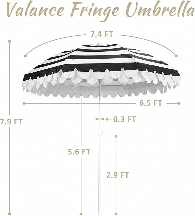 6.5Ft Valance Beach Umbrella, Classic Scalloped Fringe Umbrella with Push Button Tilt, UPF50+ Portable Outdoor Umbrellas with Carry Bag for Patio Garden Pool
