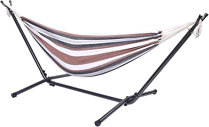 Outdoor Hammock with Stand, Hammocks for Outside, Free Standing Hammock with Stand for Backyard, 102.3"x41.33"x39.37", Portable & Weather-Resistant, Easy Assembly, Hamacas Para Adultos, Coffee Stripes