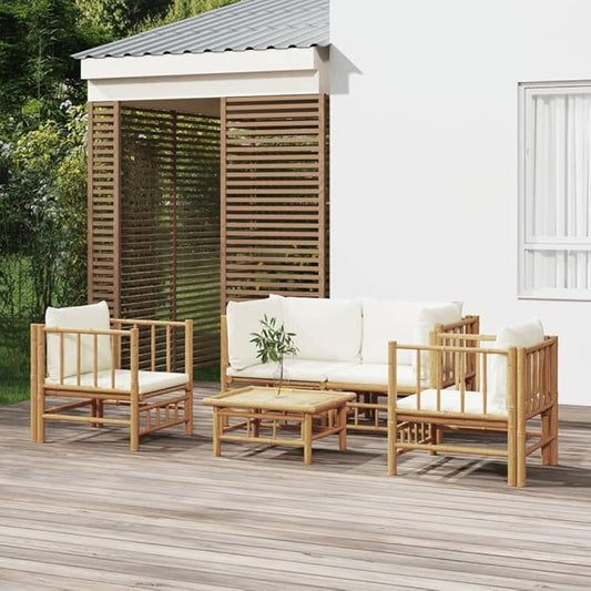 5 Piece Patio Lounge Set with Cream White Cushions, Patio Conversation Set Front Porch Furniture Outdoor Sofa Sets Outdoor Dining Sets for Exhibition Garden Piazza Negotiation Area Bamboo