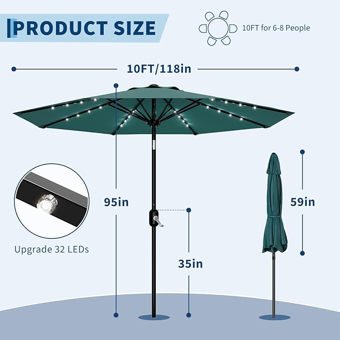 Garvee 9/10 FT Solar Patio Umbrella with 32 LED Lights - Outdoor Table Umbrella with Crank Lift, Push Button Tilt and 8 Sturdy Ribs - Market Umbrella UV Protection for Pool, Deck, Yard, Garden