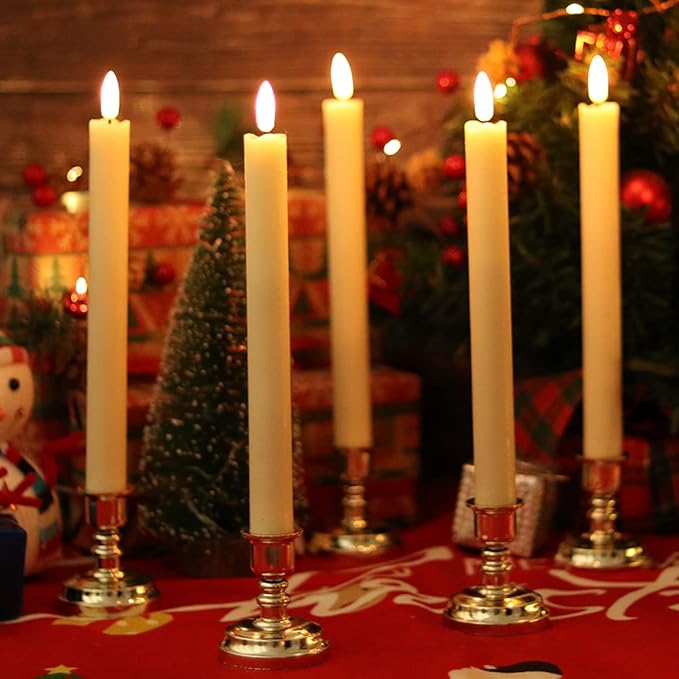 Wondise Flickering Taper Candles with Timer and Remote, 9 Inch Battery Operated 3D Wick Real Wax Ivory Candles for Wedding Party Christmas Decoration, Set of 6(D0.8 x H9.6 Inch)