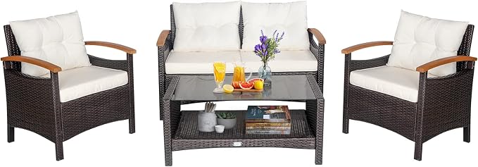 HAPPYGRILL 4 Piece Patio Conversation Set Rattan Sectional Sofa Set with Soft Cushions and Coffee Table, Outdoor Wicker Furniture Set with Acacia Wood Armrests, Perfect for Poolside, Garden, Backyard