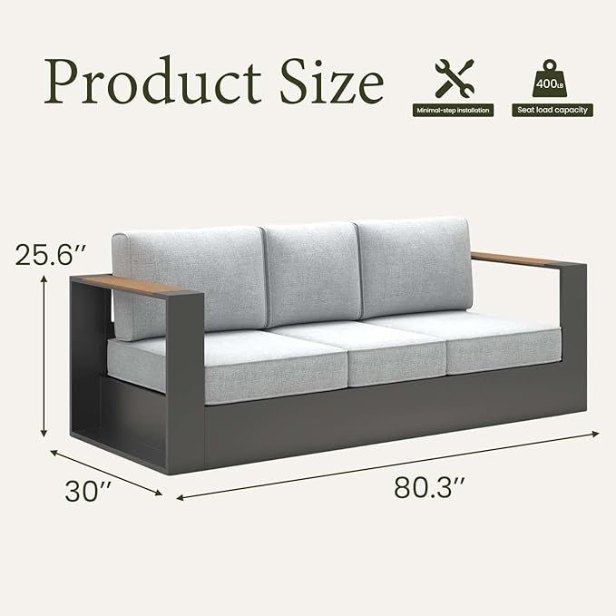 LayinSun 1 Pieces Aluminum Patio Furniture Set, Oversized Outdoor Conversation Set 3 Seats with 6" Thick Cushions for Outside Porch, Balcony, Deck