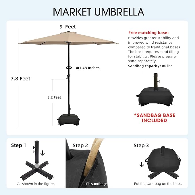 wikiwiki 9FT Patio Umbrella with Base, Outdoor Umbrellas with Base Included, 8 Sturdy Ribs, Waterproof Fade Resistant POLYESTER DTY Canopy for Deck, Lawn, Garden, Backyard & Pool, Beige