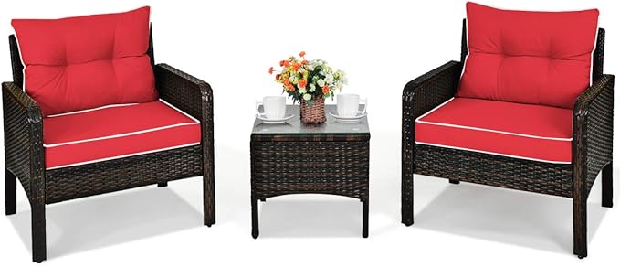 HAPPYGRILL 3 Pieces Patio Furniture Set Outdoor Rattan Wicker Coffee Table & Chairs Set with Seat Cushions Patio Conversation Set for Garden Balcony Backyard Poolside