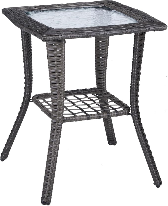 Outdoor Side Table with Storage Wicker Patio Side Table, Tempered Glass Top End Table for Balcony Porch Deck (Grey)
