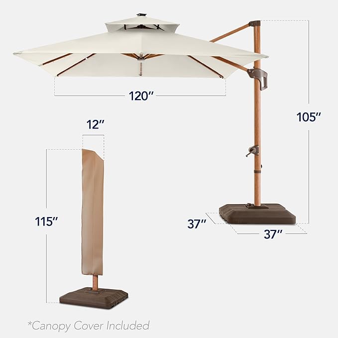 Best Choice Products 10ft Square Cantilever Patio Umbrella w/Base Included, Woodgrain Pattern Pole & Solar LED Lights, 360-Rotation, Offset Hanging Outdoor Shade