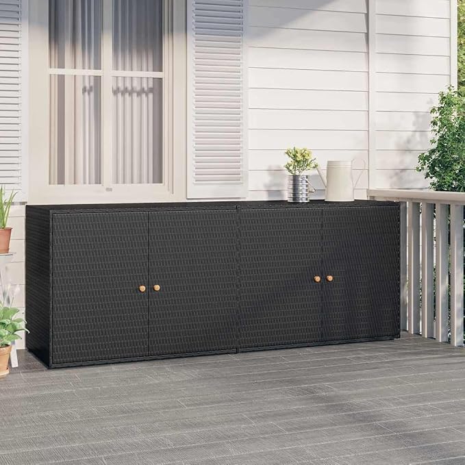 Outdoor Garden Storage Cabinet, Weather-Resistant Poly Rattan Tool Organizer with 2 Doors for Patio, Backyard, and Garage Organization, Black