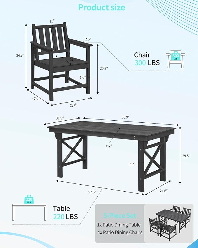 5-Piece Patio Dining Table Sets, All Weather Outdoor HDPE Dining Furniture Set with Umbrella Hole Table and 4 Chairs for Lawn, Garden, Poolside, Backyard, Black