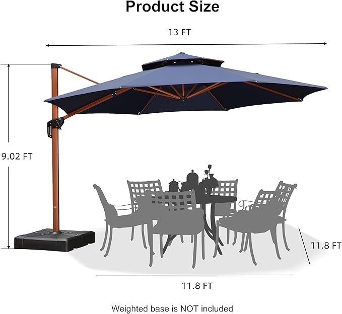 PURPLE LEAF 13ft Patio Umbrella Outdoor Round Umbrellas Large Cantilever Umbrella Windproof Offset Umbrellas Heavy Duty Sun Umbrella for Garden Deck Pool Patio, Navy Blue
