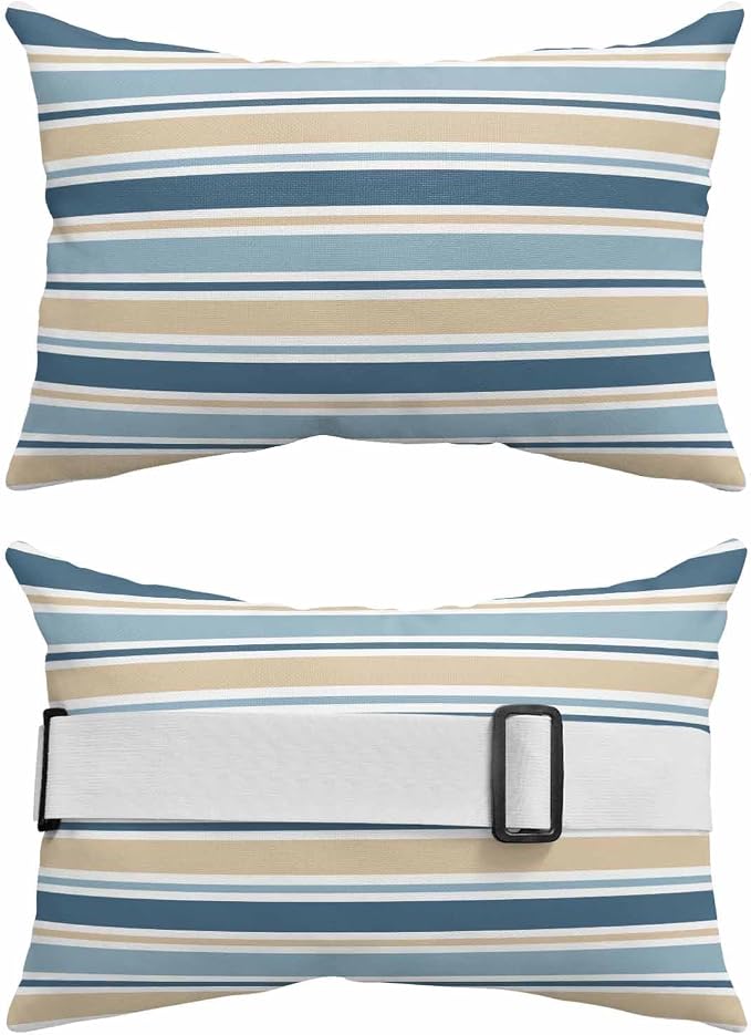 Pack of 4 Outdoor Lumbar Pillow Covers 12x20 Inch, Khaki Blue Striped Waterproof Throw Pillow Covers Set, Farmhouse Stripes Modern Abstract Art Outside Decorative Cushion Cases for Patio Porch Car