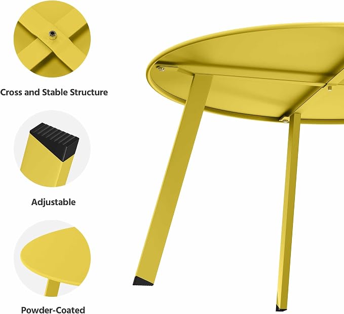 LAUSAINT HOME Patio Round Coffee Table, 27.6” Weather Resistant Heavy Duty Outdoor Metal Patio Side End Table with Square Foot for Outside Deck, Porch, Garden, Yellow