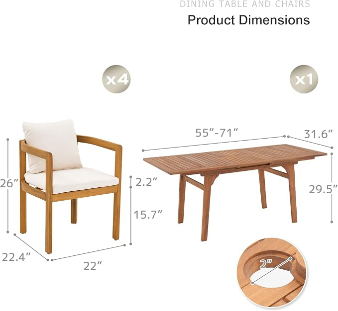 SUNSITT 5-Piece Outdoor Patio Dining Set, 55" - 71" Acacia Wood Expandable Outdoor Table Set with Umbrella Hole, 4 Curved Patio Arm Chairs w/Removable Cushions for Backyard, Porch, Deck