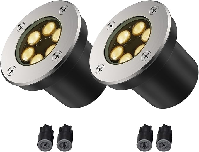 JESLED Low Voltage Landscape Lights, 6W LED Well Lights IP67 Waterproof, 3000K Warm White In-Ground Lights with Wire Connectors for Pathway, Deck, Patio, Yard, Garden (2 Pack)