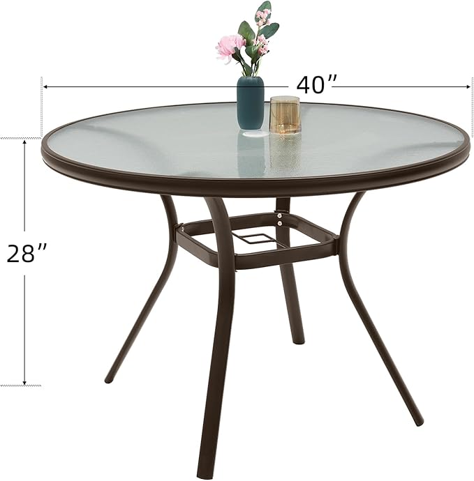 40 in Round Glass Outdoor Patio Dining Table for 4 Person with Brown Frame | Glass Table Top, Brown Metal Frame, 4 Person Table, 1.7 inch Umbrella Hole