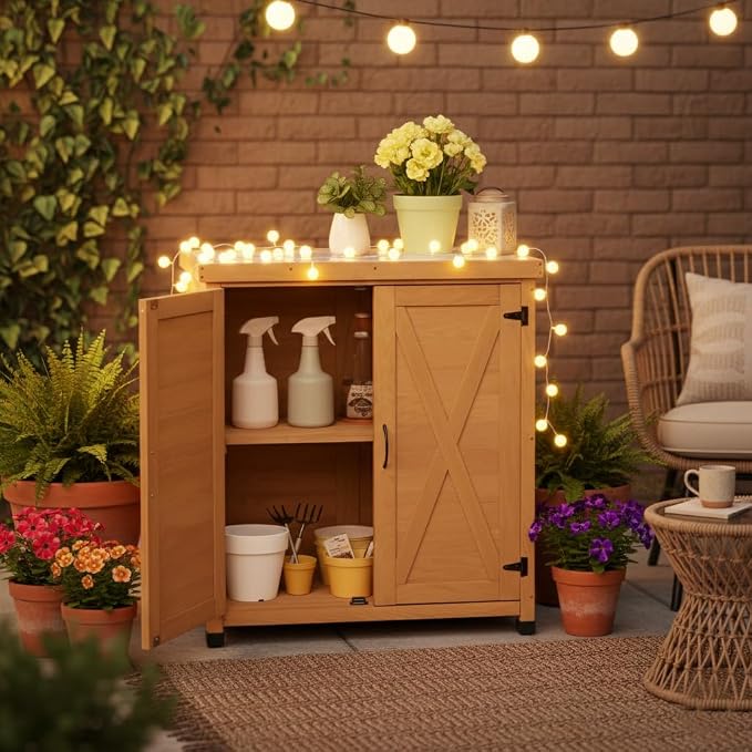Outdoor Deck Box Storage Cabinet with Metal Work Surface, Weatherproof Hemlock Wood Patio Storage for Garden Tools and Supplies, Stable X-Shape Design, 31 x 18 x 36 Inches, Wood Color