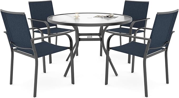 Anmutig 5-Piece Outdoor Patio Dining Set, 40-Inch Round Glass Table with 4 Stackable Chairs, Navy