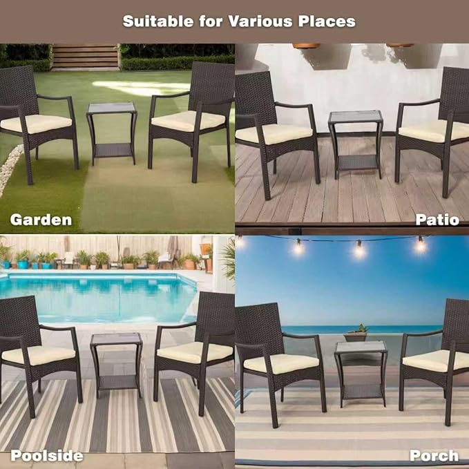 3-Piece Outdoor Patio Set, PE Wicker Patio Furniture Set, with Easy-to-Clean Removable Cushions and Glass Table, Garden Leisure and Entertainment Chat Set (Brown)