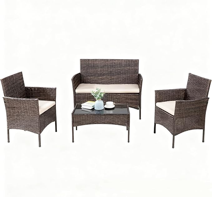 JAMFLY 4 Piece Outdoor Patio Furniture Set, PE Wicker Conversation Kit with Tempered Glass Table, All-Weather Seating for Small Porch, Balcony & Poolside, Washable Cushions, Brown