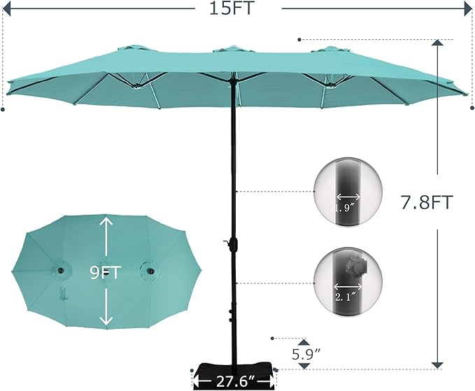 GREEN PARTY 15 ft Rectangular Patio Umbrella with Base Included, Large Double-Sided Outdoor Table Umbrella with Crank, 1.9" Pole UPF 50+ UV Resistant for Pool Deck Backyard Garden, Turquoise