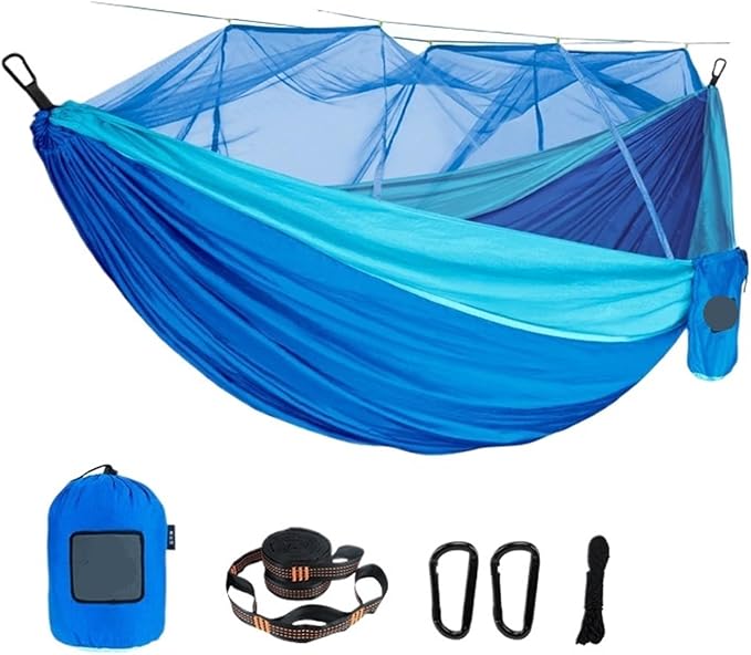 Single and Double Size Nylon Fabric Portable Travel Outdoor Camping Hanging Sleeping Hammock with Mosquito Net(Double Blue 2)