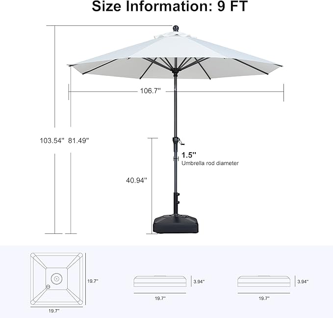 PURPLE LEAF 9' Round Patio Market Umbrella with Base Outdoor Table Umbrellas Aluminum Frame Sun Shade with 8 Sturdy Ribs Tilt for Garden Deck Lawn Pool White