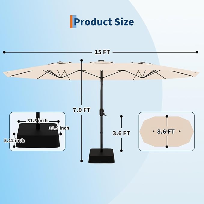 15FT Extra Large Double-Sided Patio Umbrella with Solar LED Lights – Heavy-Duty Rectangular Outdoor Market Umbrella, Fade-Resistant UV Canopy, Included Base for Backyard, Pool, Deck, Garden – Beige/Mist Blue