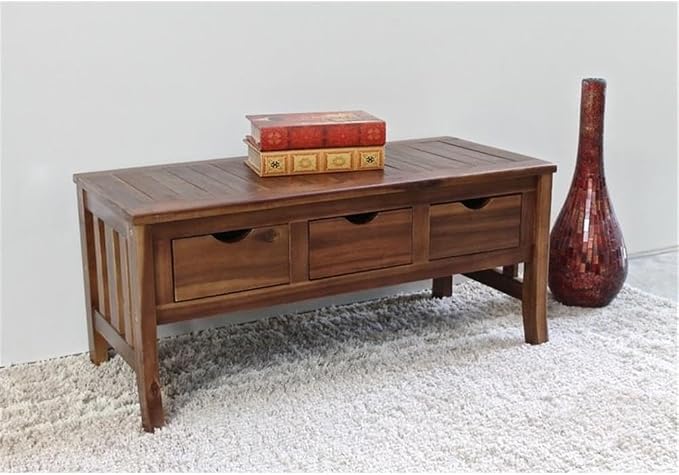 Pemberly Row 38" x 17" Modern Acacia Wood Patio Coffee Table with 3 Drawers, for Indoor/Outdoor Use, in Brown Finish