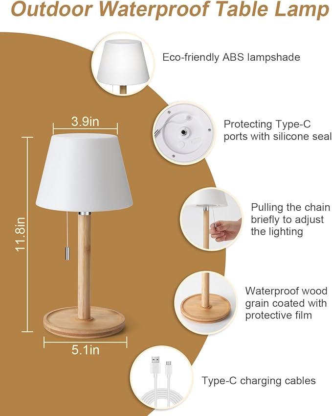 Outdoor Waterproof Table Lamp for Patio, Small Cordless Battery-Operated Lamp, Rechargeable Shower Light, 3 Lighting Modes Desk Light with Pull Chain Garden Outside Camping Bathroom, Wood Grain