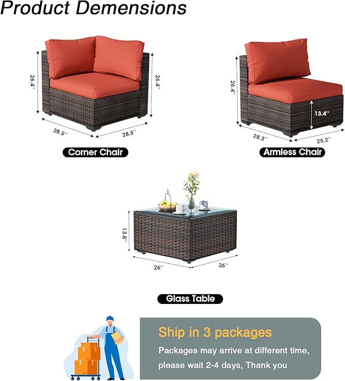 7 Pieces Patio Furniture Set, Rattan Outdoor Sectional Conversation Sets, All Weather Outdoor Furniture Set with Cushions for Garden Lawn Balcony Porch Deck Red