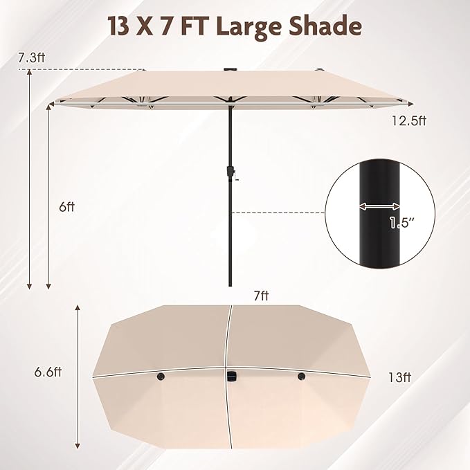 Tangkula 13 Ft Solar Patio Umbrella, Double-Sided Extra Large Outdoor Market Table Umbrella with 108 LED Lights, Crank Handle, 12 Sturdy Ribs for Poolside, Garden & Backyard (Beige)