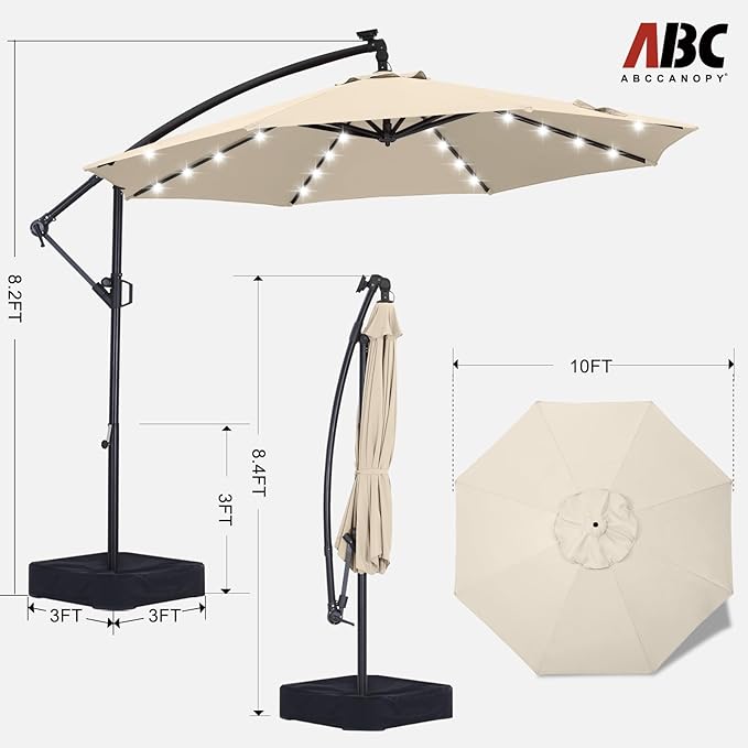 ABCCANOPY 10 FT LED Patio Umbrellas Cantilever Umbrella with base, 360° Rotation Outdoor Lighted Offset Umbrella Bonus Fix Frame & Weights Bag for Backyard, Deck, Poolside (Light Beige)