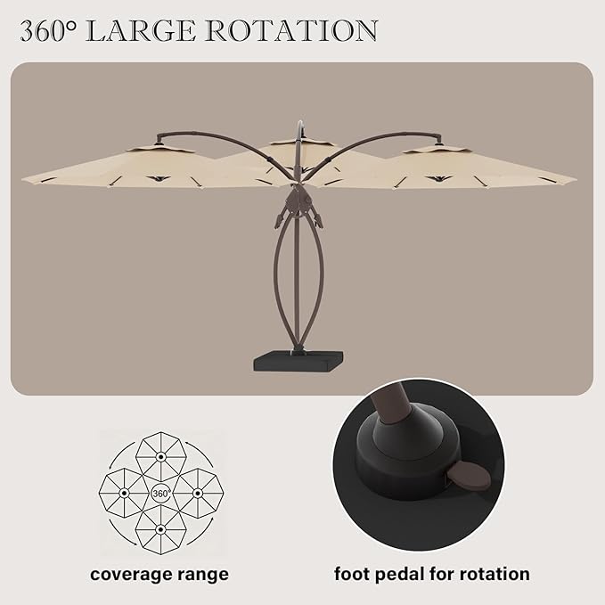 Cantilever Umbrella with Heavy-Duty Base, Outdoor Large Round Aluminum Offset Umbrella for Patio Garden Backyard, UV-Resistant Waterproof Canopy, 360° Rotation & Tilt Adjustment
