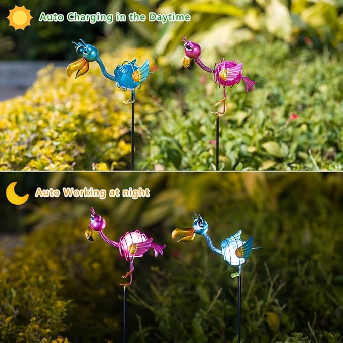 Outdoor Garden Solar Lights,2 Pack Decorative Solar Lights for Garden Decor,Flamingo Backyard Decor,Metal Solar Lights with Stakes for Yard Landscape Patio
