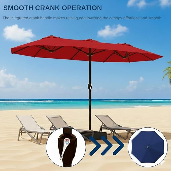 15FT Large Patio Umbrella with Base, Double Sided Rectangular Outdoor Umbrella with Sturdy Fiberglass Ribs, UPF 50+ Sun Protection, Wind-Resistant, Waterproof Fade-Resistant Fabric for Pool, Garden, Backyard, Deck(Red)