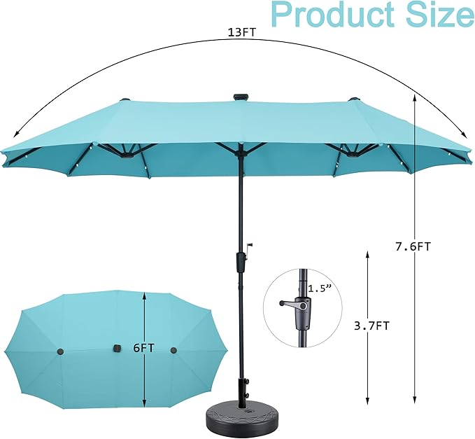13 ft Patio Umbrella with 36 LED Lights, Large Rectangle Outdoor Solar Umbrella with Matching Base, Strap, Crank, Blue