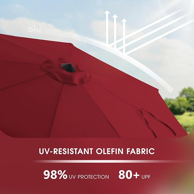BLUU MAPLE 9FT Olefin Patio Umbrella Outdoor Table Umbrellas, 36 Month Fade Resistance Olefin Canopy, Market Center Umbrellas with 8 Strudy Ribs & Push Button Tilt for Garden, Lawn & Pool, Burgundy red