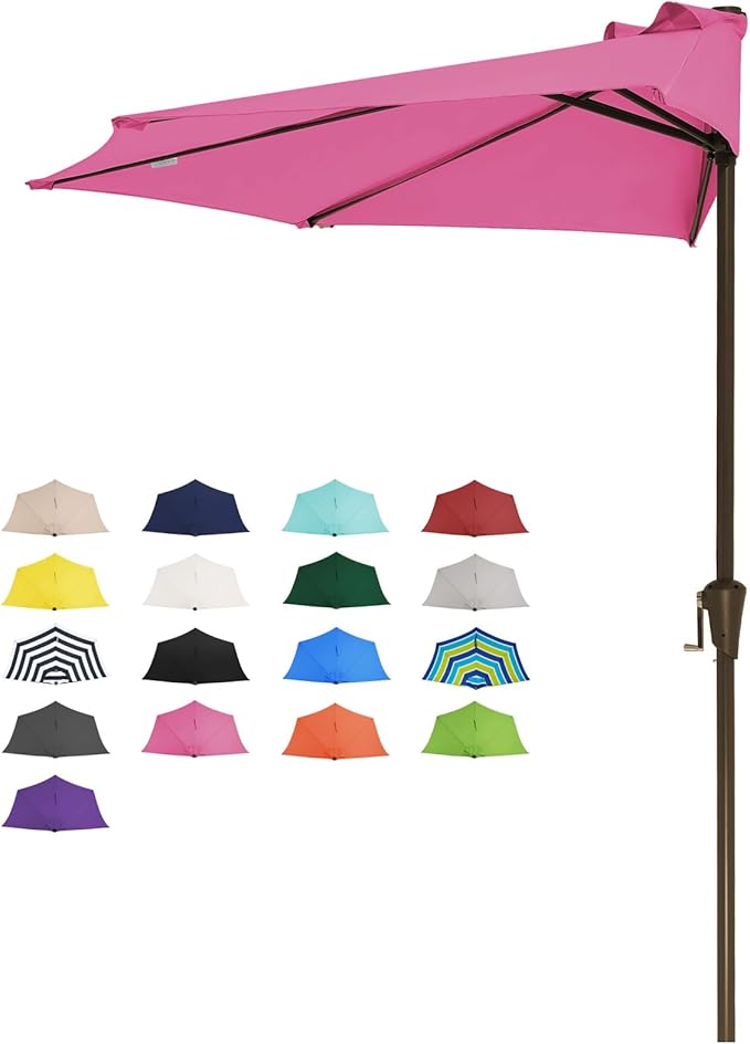 JEAREY 9ft Half Umbrella Outdoor Patio Umbrella Market Umbrellas with Crank, 1/2 Round Wall Umbrella 5 Sturdy Ribs UV Protection for Pool Garden Balcony Deck, Rose Pink