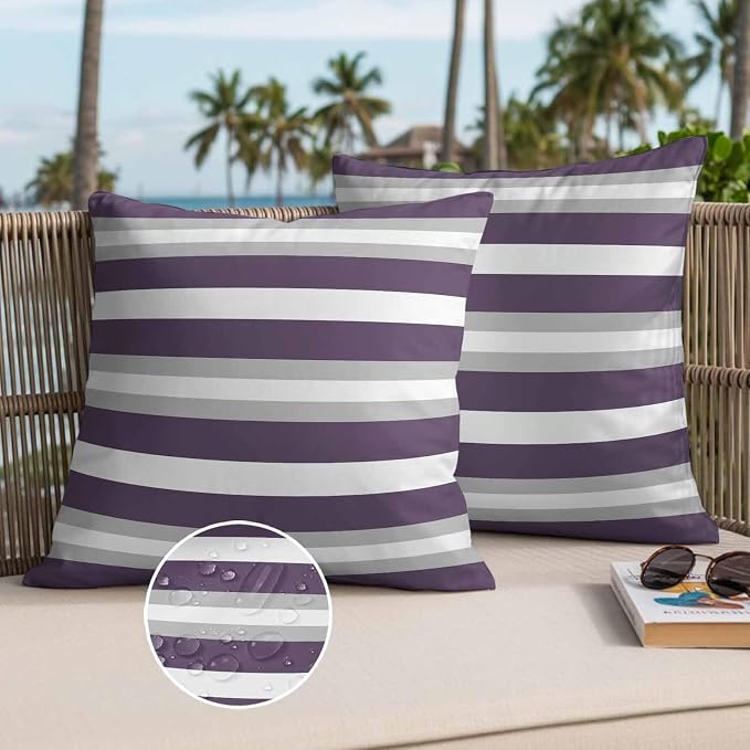 Throw Pillow Covers 20x20 Inch Set of 2, Purple Grey Stripe Waterproof Outdoor Pillow Covers, Minimalist Farmhouse Striped Decorative Cushion Pillowcases for Couch, Sofa, Bed, Garden, Patio