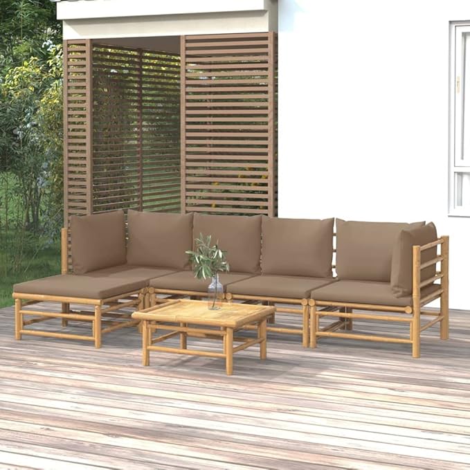 6 Piece Patio Lounge Set with Taupe Cushions, Patio Conversation Set Outdoor Dining Sets Sectional Sofa Outdoor Sofa Sets for Negotiation Area Poolside Piazza Garden Bamboo