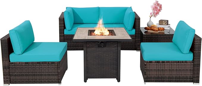 Tangkula 6 Piece Outdoor Rattan Sofa Set with 30in Propane Gas Fire Table, Ceramic Fire Tabletop, 50,000 BTU Heat Output, Cushions & Fire Pit Dust Cover, Patiojoy Weatherproof Wicker Set (Turquoise)