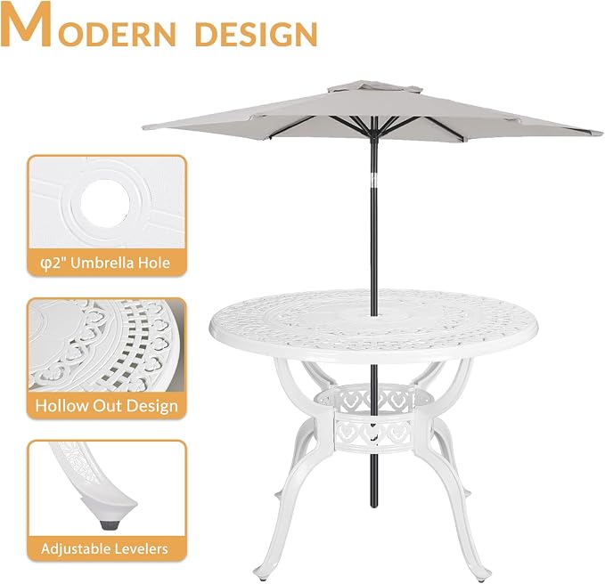 5-Piece Outdoor Patio Dining Set, All-Weather Cast Aluminum Patio Furniture Set with 4 Chairs and 38.5" Round Table for Backyard Garden Deck, 2" Umbrella Hole, White