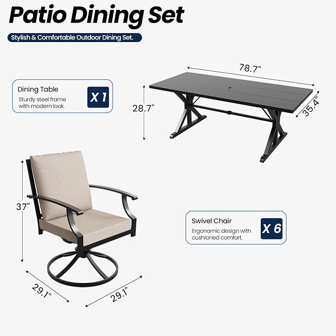 7 Piece Outdoor Dining Set for 6, Metal Patio Table and Chairs with Cushions, Patio Furniture Set with 6 Swivel Chairs, Rectangular Metal Dining Table with Umbrella Hole, Lawn Deck Yard-Sand