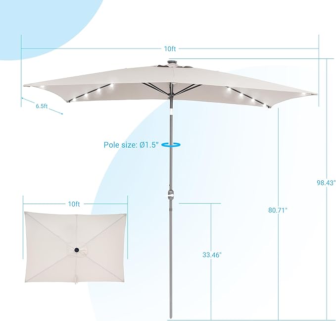 Rectangle Patio Umbrella with Solar Lights, 10 x 6.5ft Rectangular Outdoor Umbrella Table Market Patio Umbrella with Push Button Tilt and Crank for Garden, Deck, Backyard, Pool