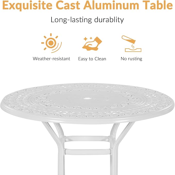 Cast Aluminum Patio Bar Table, 38.5" Outdoor Bar Height Bistro Table with 2" Umbrella Hole, Patio Bistro Round High Top Dining Table Pub Table for Porch Balcony Backyard, White