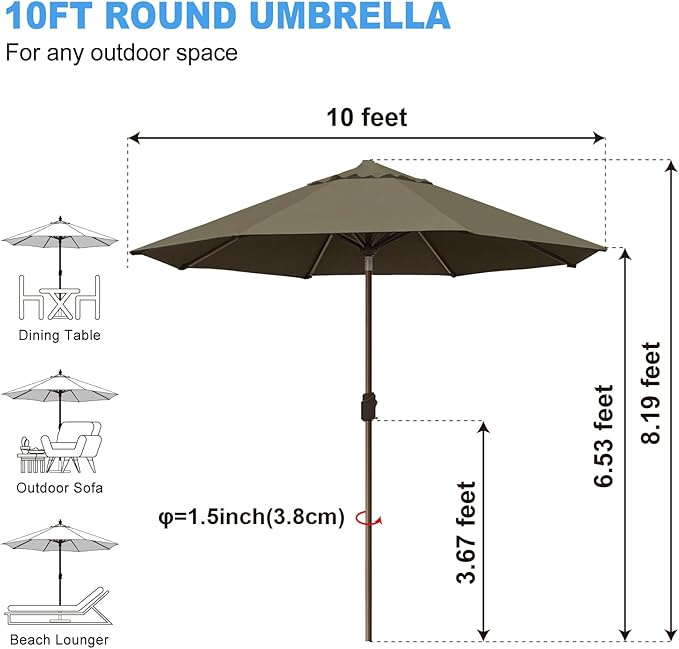 Eurmax USA 10-Year-Non-Fading 10FT Outdoor Patio Market Umbrella,UPF50+ UV Resistant Sun Shade,Heavy Duty Commercial Grade,Crank Lift&Tilt,Windproof Vented Top for Garden,Pool,Deck,Taupe